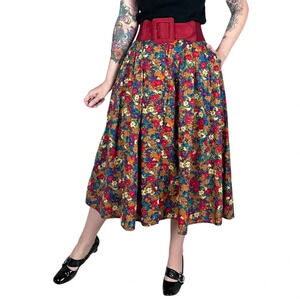 Liz Claiborne Floral A-Line Skirt with Red Belt